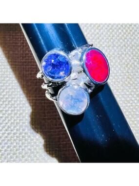 Amethyst, Moonstone & Corundum Ruby .925 Silver Ring Size 8 Split Shank sides